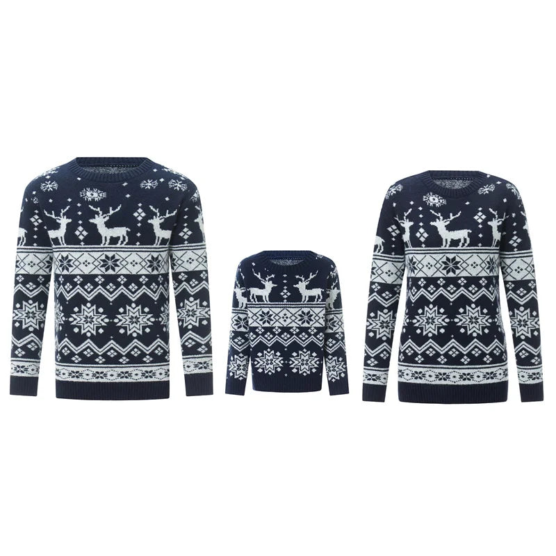 Family Christmas Sweater Winter Snowflake Print Warm Long Sleeve round Neck Pullovers Knitted Tops Parent Child Outfit