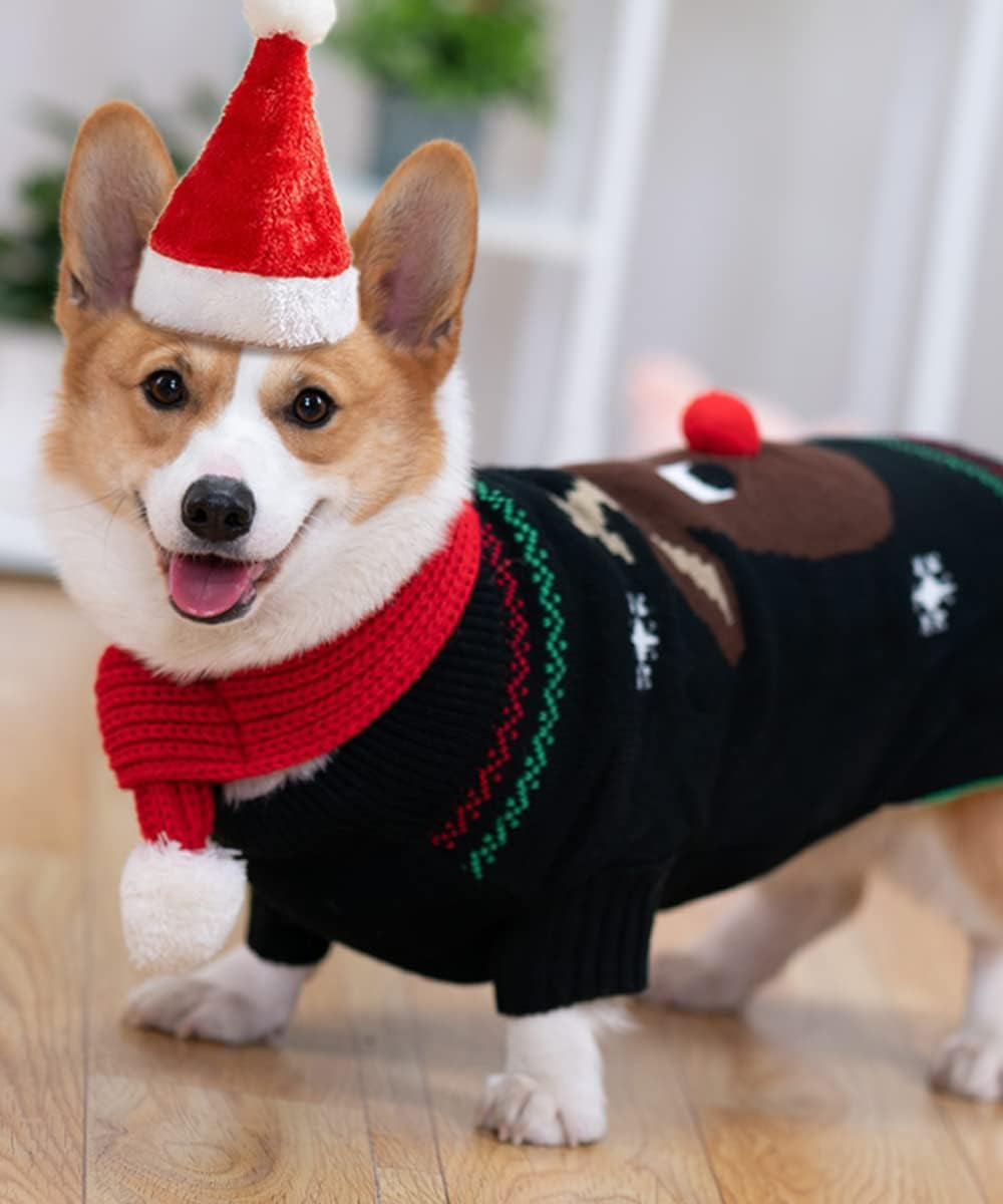 Dog Sweater with Santa Hat and Red Scarf for Dogs, Dog Christmas Sweater Pets Adjustable Santa Hat and Warm Winter Scarf for Dogs Cats Christmas Dressup