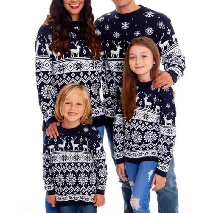 Family Christmas Sweater Winter Snowflake Print Warm Long Sleeve round Neck Pullovers Knitted Tops Parent Child Outfit