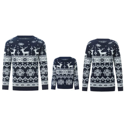 Family Christmas Sweater Winter Snowflake Print Warm Long Sleeve round Neck Pullovers Knitted Tops Parent Child Outfit