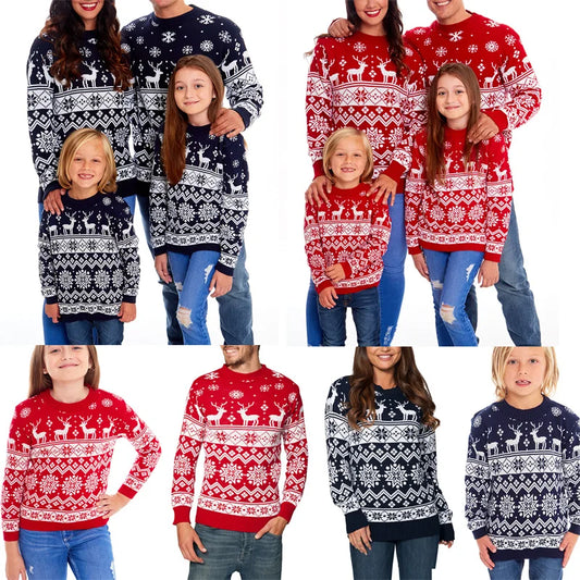 Family Christmas Sweater Winter Snowflake Print Warm Long Sleeve round Neck Pullovers Knitted Tops Parent Child Outfit